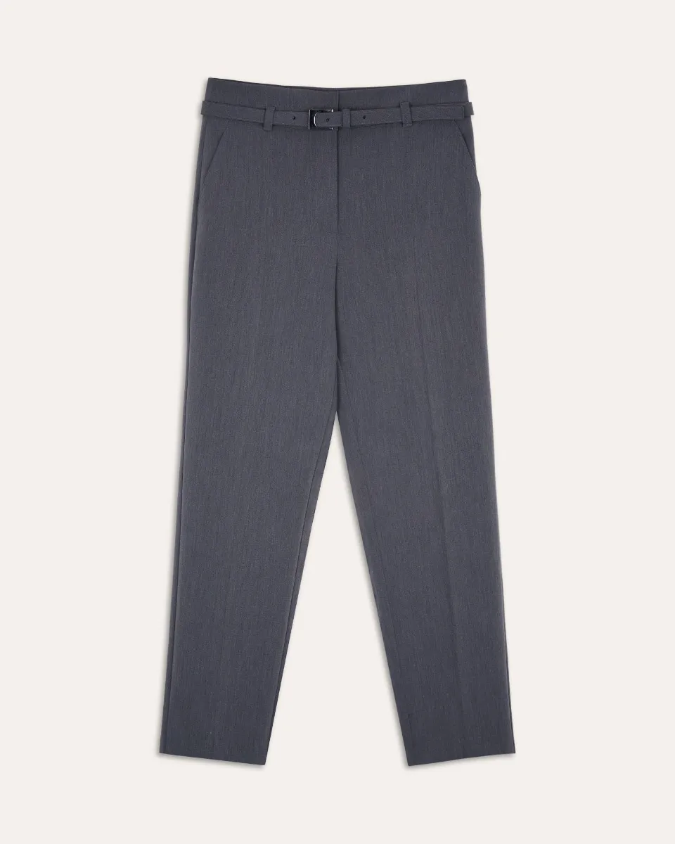 Pantalón Gris Recto Tiro Alto Cinturon 