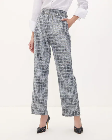 Pantalón Tiro Alto De Tweed Con Cadena