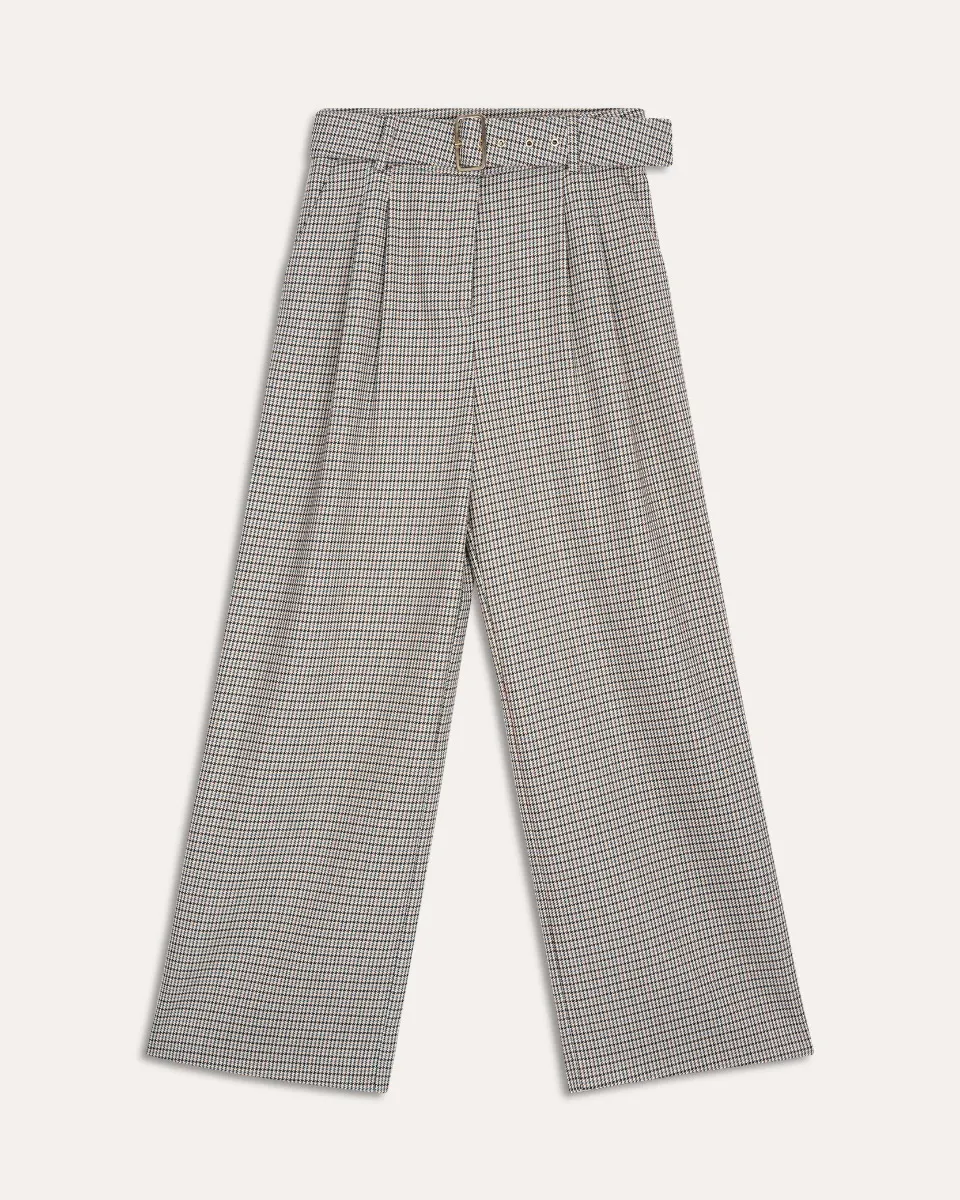 Pantalón Palazzo Tiro Alto Pata De Gallo Pinzas Y Cinturón 