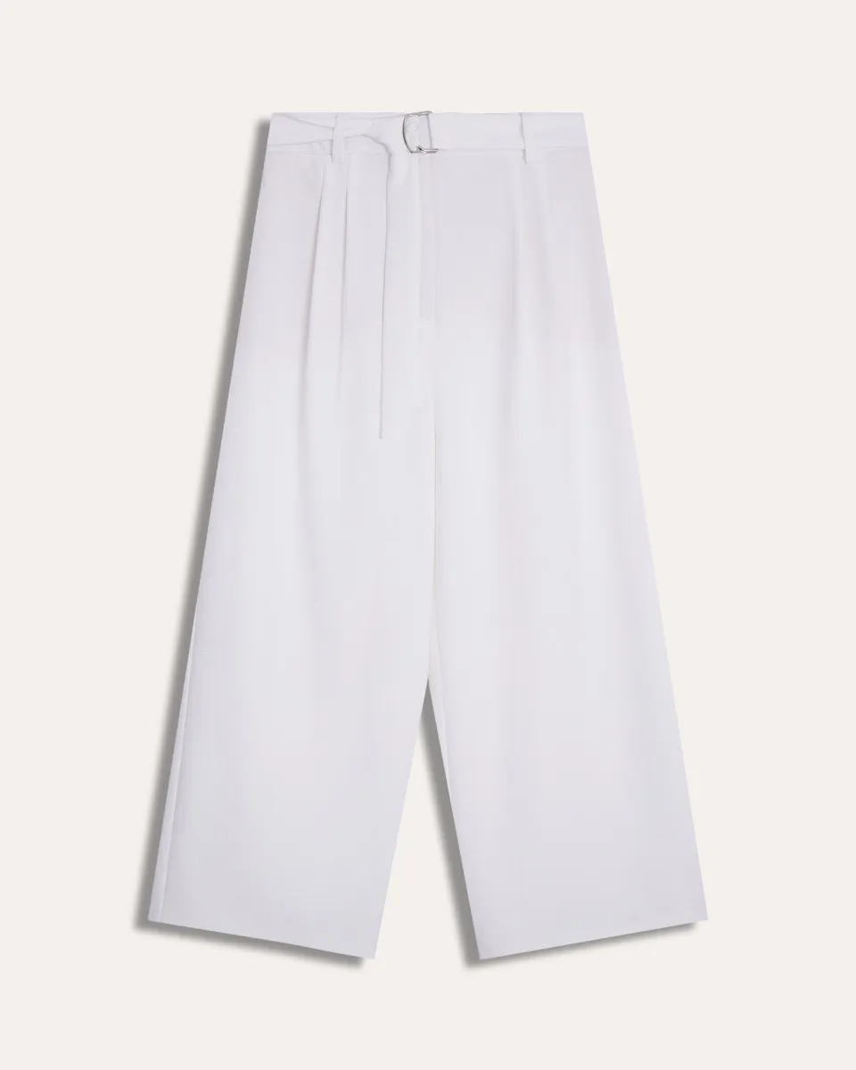 Pantalón Culotte Blanco Tiro Alto Efecto Corrugado Con Banda 