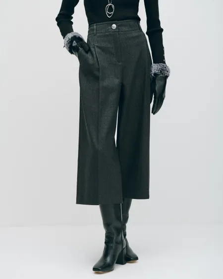 Pantalón Culotte Gris Oxford Tiro Alto Con Pinzas