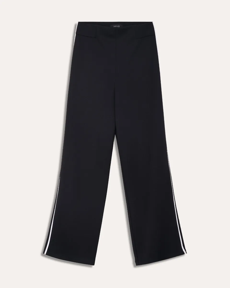 Pantalón De Punto Negro Recto Fluido Ribete En Contraste 
