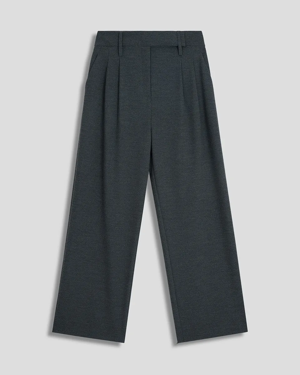Pantalón Recto Fluido Gris Oxford Con Pinzas 