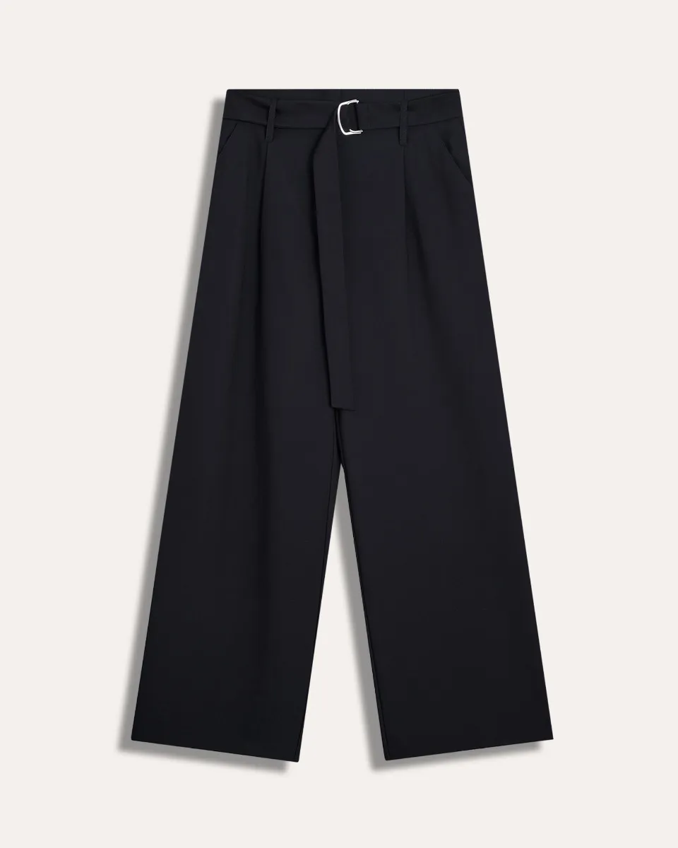 Pantalón Recto Fluido Negro Tiro Alto De Bambú Pinzas Y Banda 