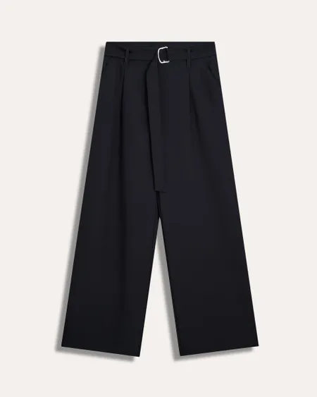 Pantalón Recto Fluido Negro Tiro Alto De Bambú Pinzas Y Banda