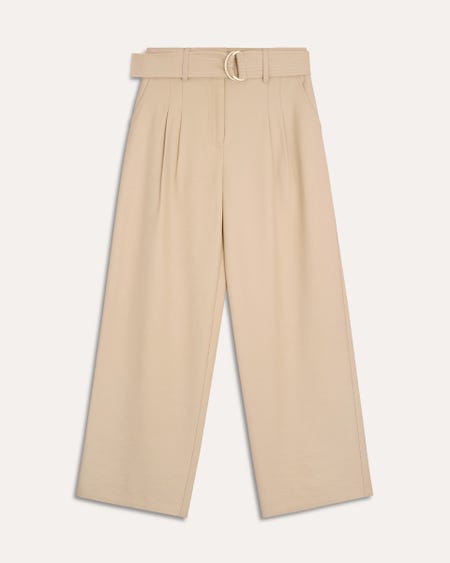 Pantalón Recto Fluido Tiro Alto Arena Con Pinzas Y Banda