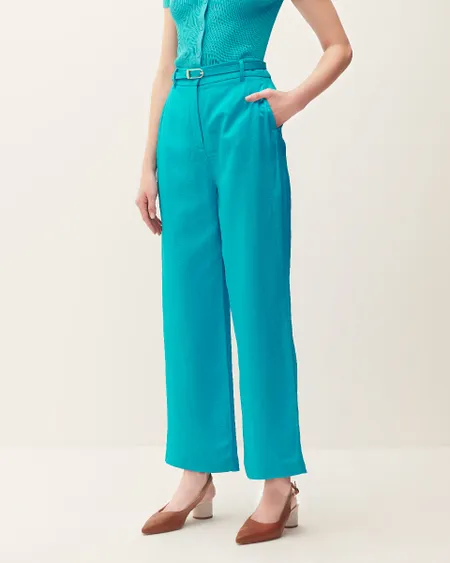Pantalón Recto Fluido Tiro Alto De Lino Turquesa Con Cinturón