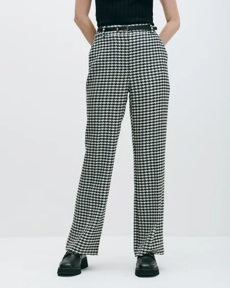 Pantalón Recto Fluido Tiro Alto Tejido Pata De Gallo