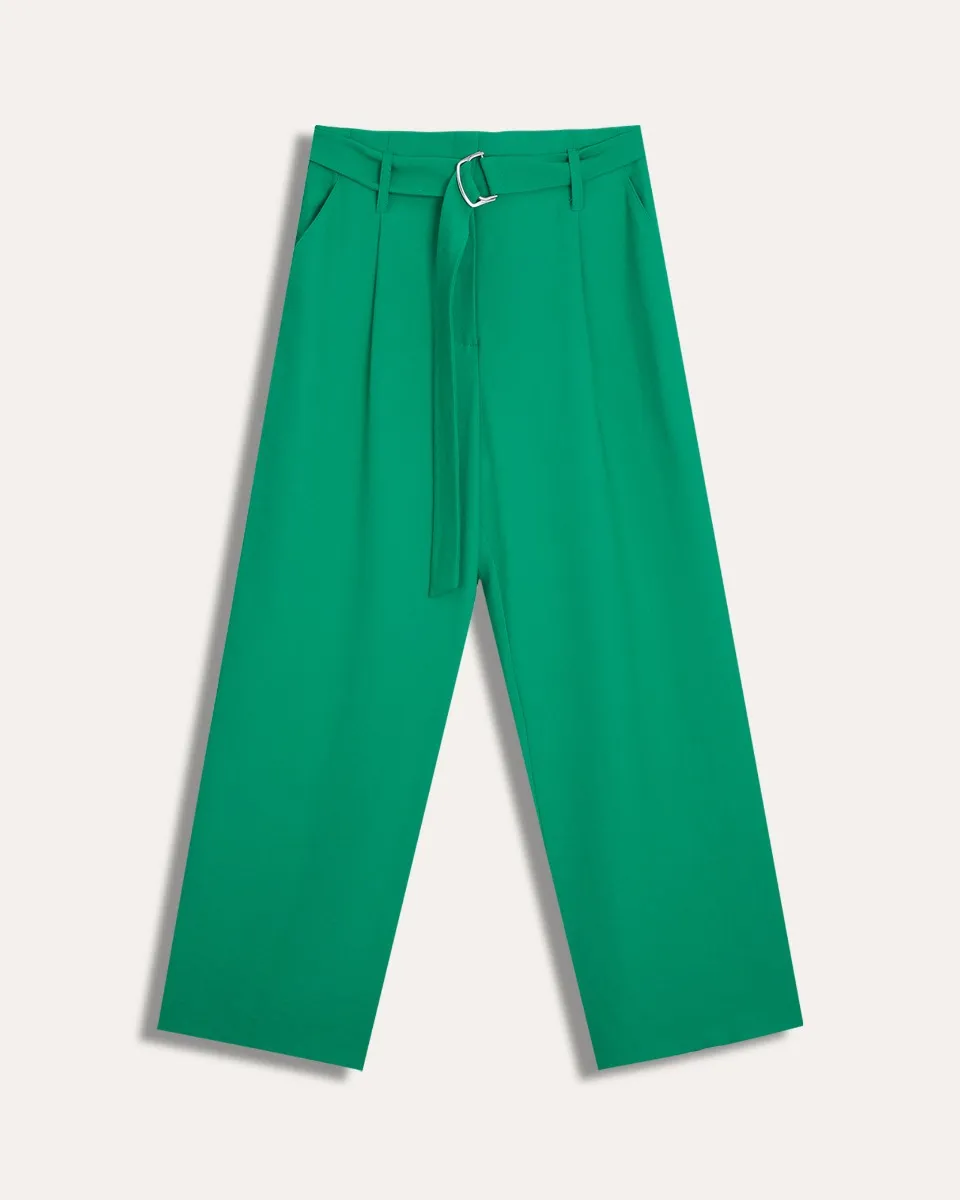 Pantalón Recto Fluido Verde Trébol Tiro Alto Pinzas Y Banda 