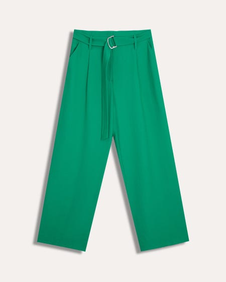 Pantalón Recto Fluido Verde Trébol Tiro Alto Pinzas Y Banda