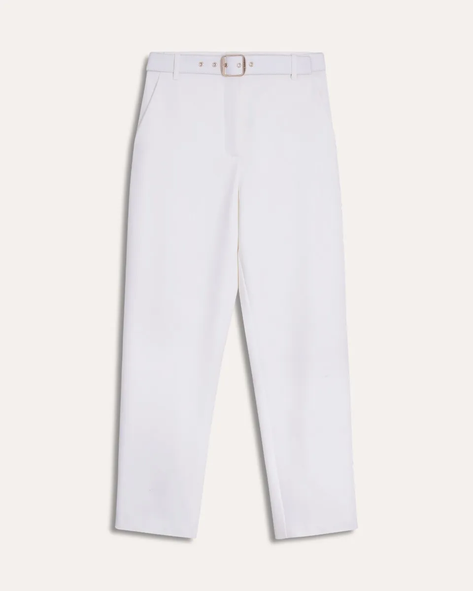 Pantalón Recto Tiro Alto Blanco Con Cinturón 