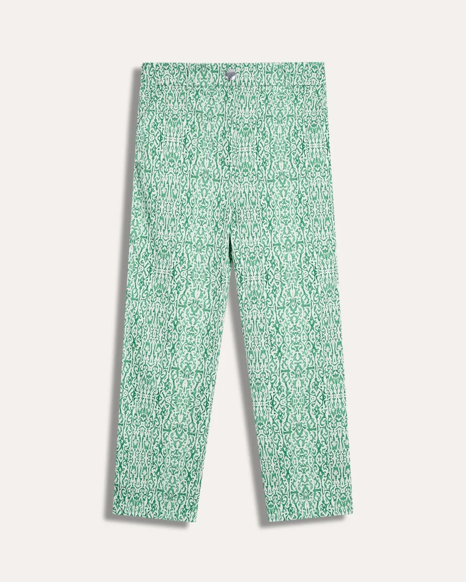 Pantalón Recto Tiro Alto Stretch Estampado Étnico Verde 