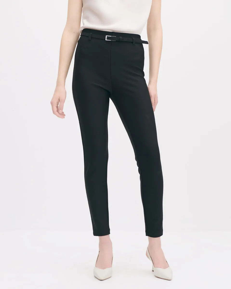 Leggings  Tiro Alto Negro Punto Roma Con Textura Y Cinturón 