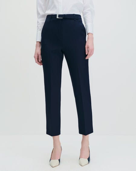 Pantalón Azul Marino Recto Tiro Alto Cinturón Hebilla Metálica