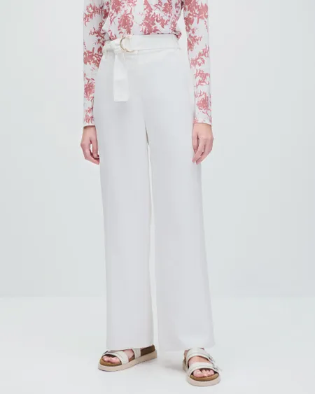 Pantalón Blanco Recto Fluido Tiro Alto Con Banda