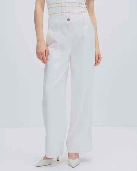 Pantalón Blanco Wide Leg Tiro Alto Detalle Fraccionado