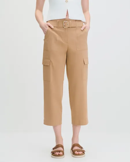 Pantalón Cargo Canela Tiro Alto Con Cinturón