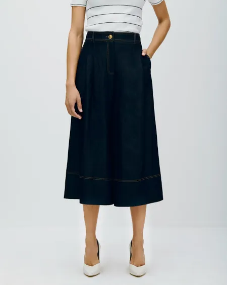 Pantalón Culotte Sarga Ligera Tipo Denim Tiro Alto Con Pinzas