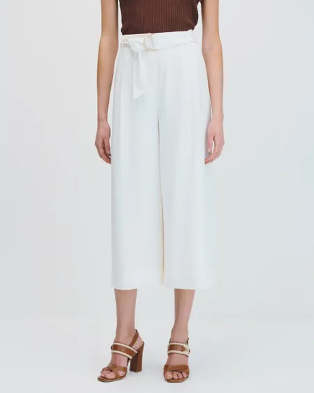 Pantalón Culotte Tiro Alto Offwhite De Lino Pinzas Y Banda