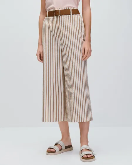 Pantalón Culotte Tiro Alto Textura A Rayas Café Con Cinturón