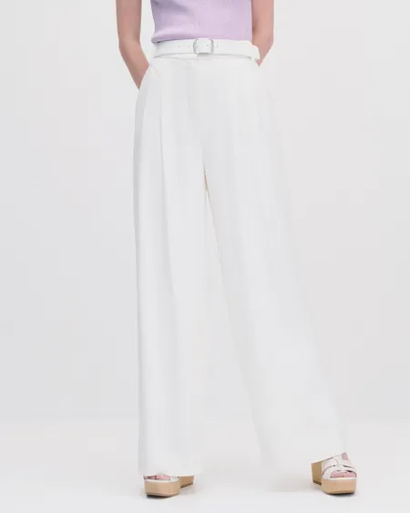 Pantalón Palazzo Blanco Tejido Piqué Con Pinzas