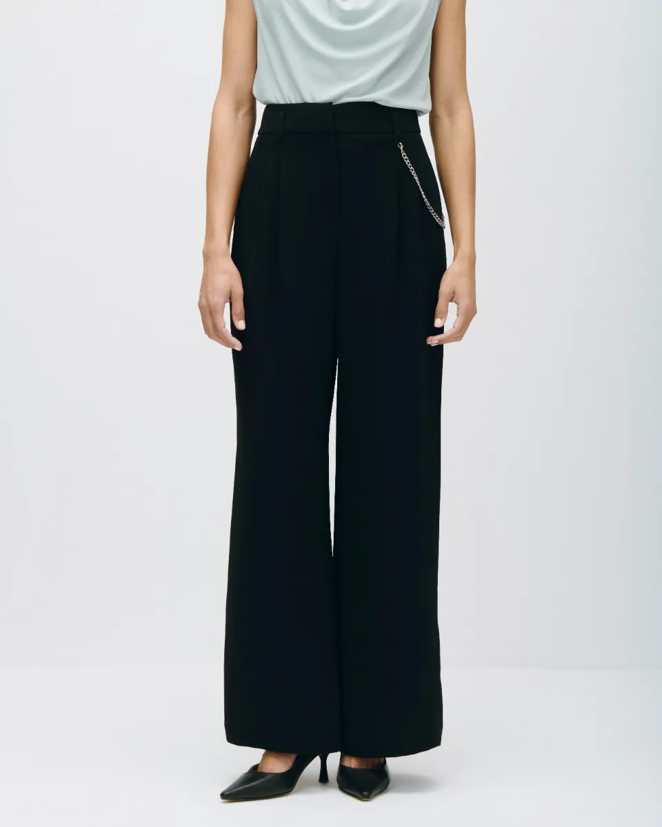 Pantalón Palazzo Negro Tiro Alto Pinzas Y Cadena Desmontable 