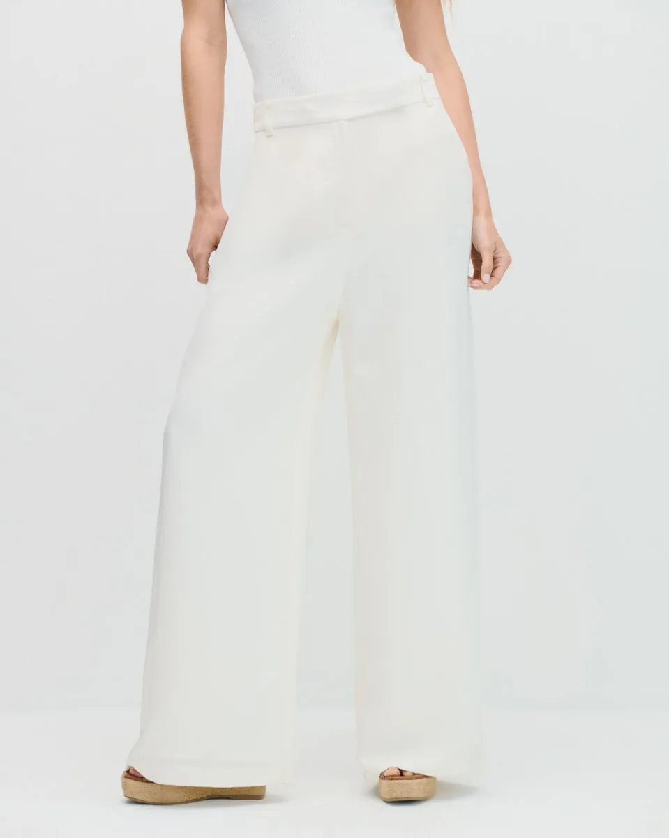 Pantalón Palazzo Tiro Alto De Lino Natural Pretina Pasada 