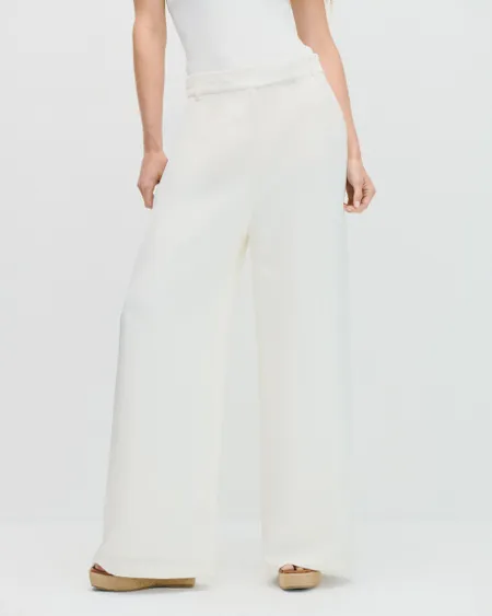 Pantalón Palazzo Tiro Alto De Lino Natural Pretina Pasada