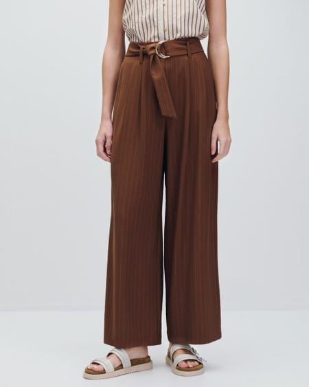 Pantalón Palazzo Tiro Alto Marrón Raya De Gis Con Banda