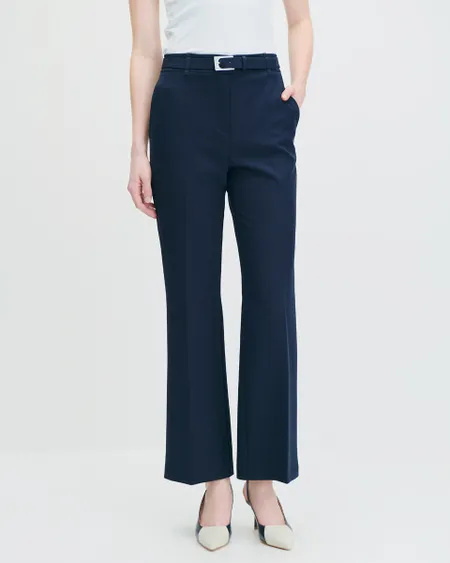 Pantalón Recto Fluido Tiro Alto Azul Marino Con Cinturón