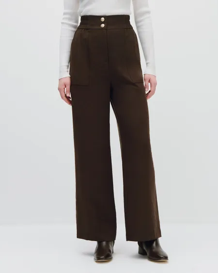 Pantalón Recto Fluido Tiro Alto Chocolate Pretina Enresortada