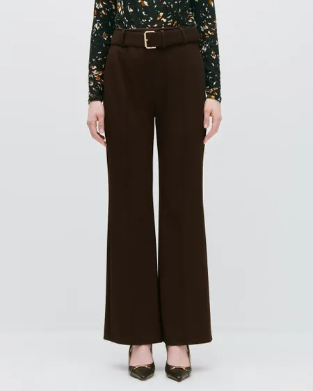 Pantalón Recto Fluido Tiro Alto Chocolate Stretch Con Cinturon