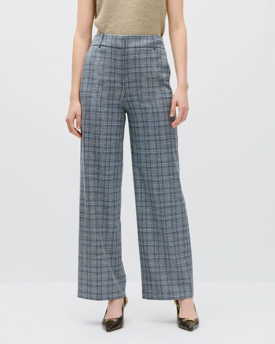 Pantalón Recto Fluido Tiro Alto Cuadros Difuminados 