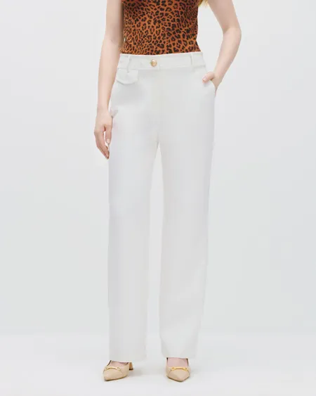 Pantalón Recto Fluido Tiro Alto Natural Pespuntes Marcados Cartera Simulada
