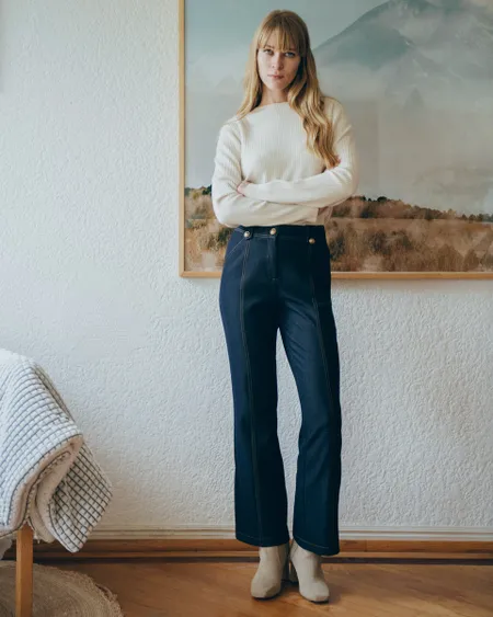 Pantalón Recto Fluido Tiro Alto Tipo Denim Pretina Con Trabas