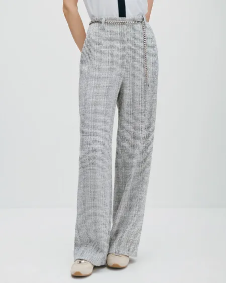 Pantalón Recto Fluido Tweed Blanco Y Negro Con Cadena