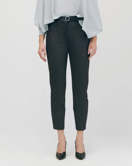 Pantalón Recto Negro Jacquard Con Stretch Tiro Alto