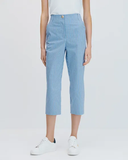 Pantalón Recto Tiro Alto De Algodón Azul A Rayas