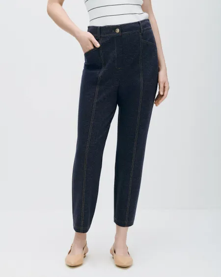Pantalón Recto Tiro Alto Tipo Denim Stretch Pespuntes En Contraste