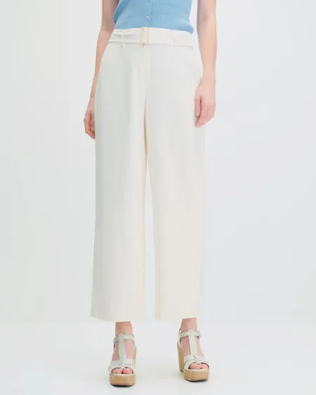 Pantalón Wide Leg Natural Tiro Alto Con Banda Efecto Corrugado