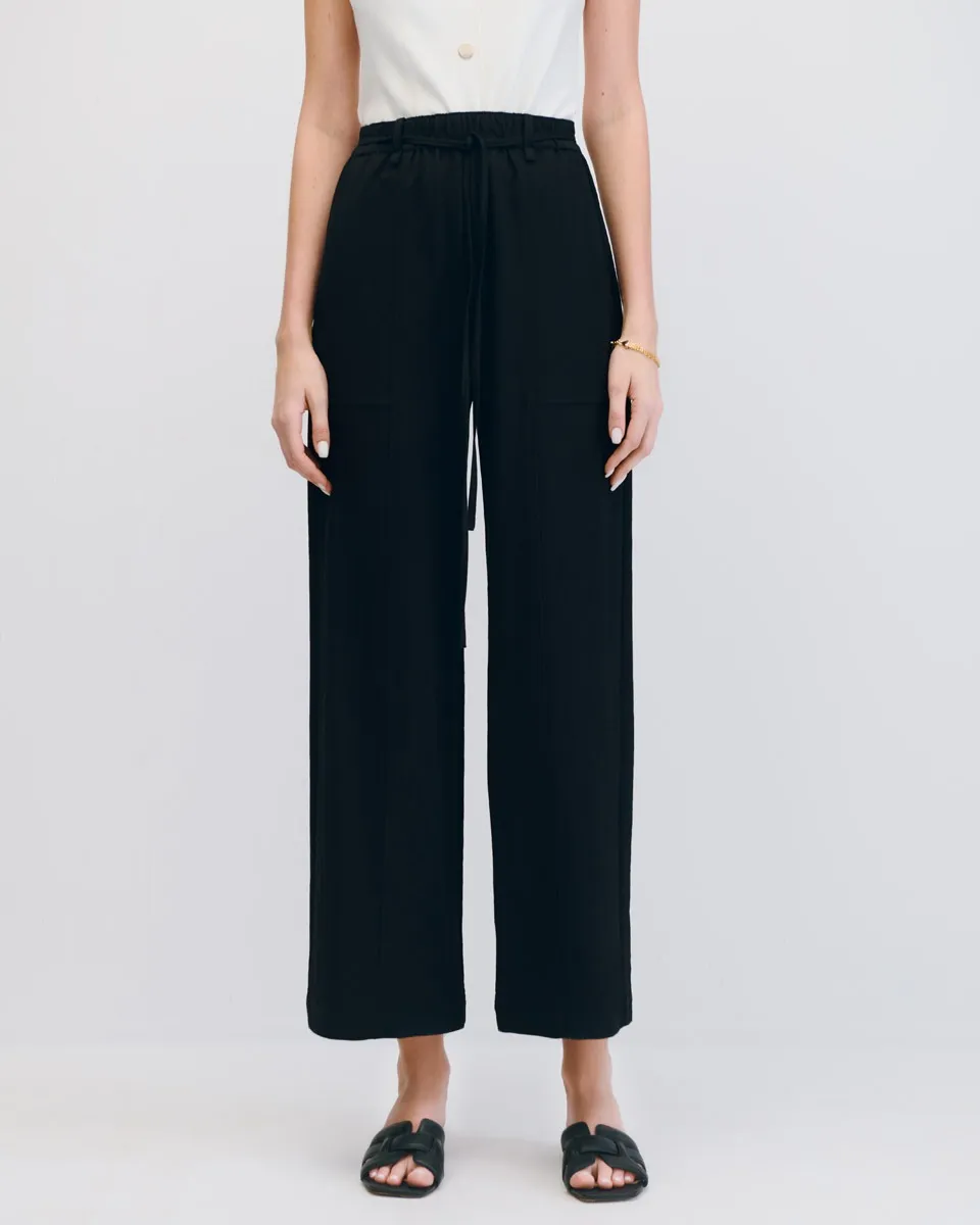 Pantalón Wide Leg Negro Tiro Alto Pretina Enresortada Con Jaretas 