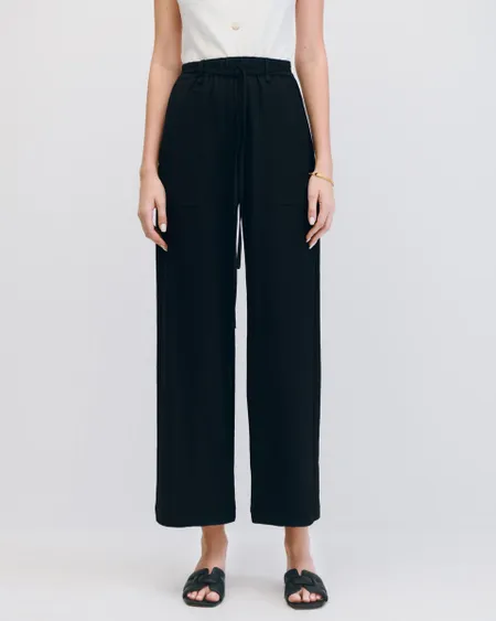 Pantalón Wide Leg Negro Tiro Alto Pretina Enresortada Con Jaretas