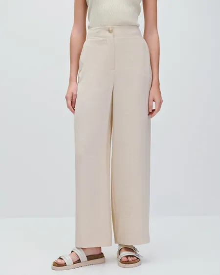 Pantalón Wide Leg Tiro Alto Beige Efecto Corrugado