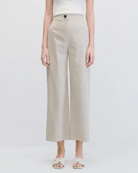 Pantalón Wide Leg Tiro Alto Beige Pretina Enresortada