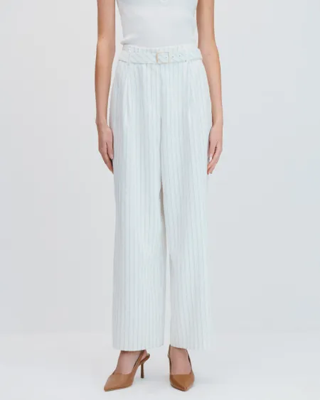 Pantalón Wide Leg Tiro Alto Blanco Doble Raya Azul Con Cinturón