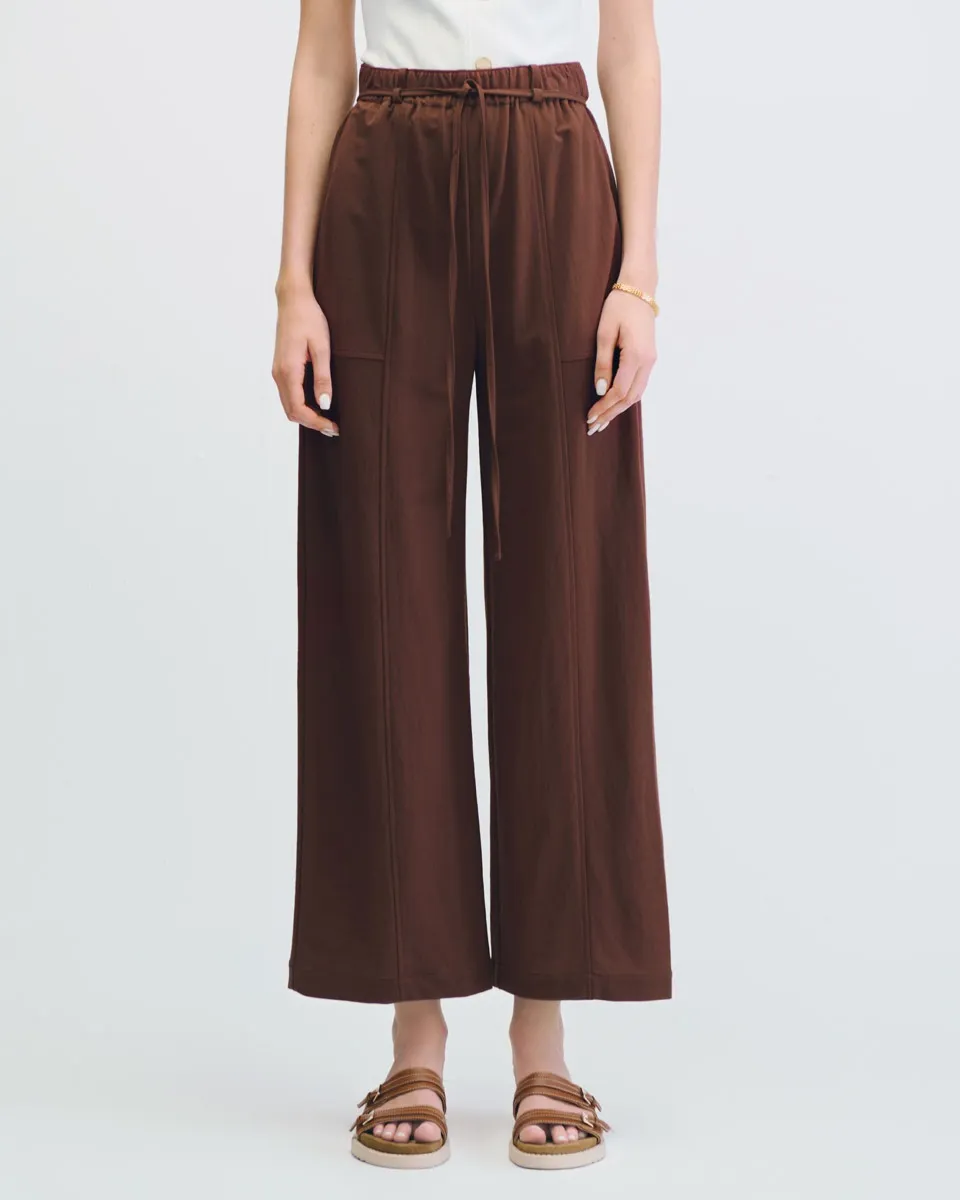 Pantalón Wide Leg Tiro Alto Café Teja Pretina Enresortada Con Jaretas 