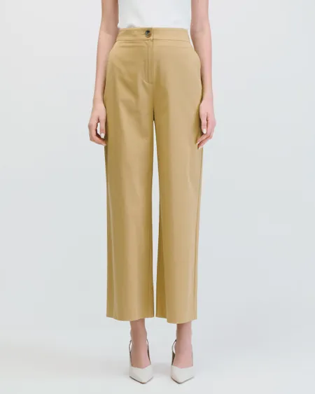 Pantalón Wide Leg Tiro Alto Caqui Pretina Enresortada