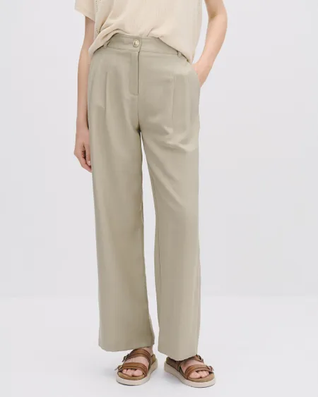 Pantalón Wide Leg Tiro Alto Con Pinzas Verde Musgo