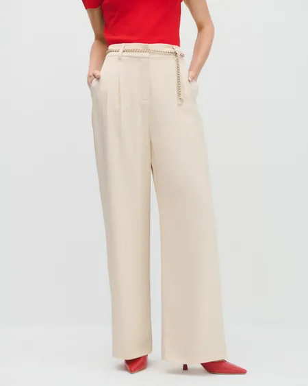 Pantalón Wide Leg Tiro Alto De Lino Arena Claro Con Cadena