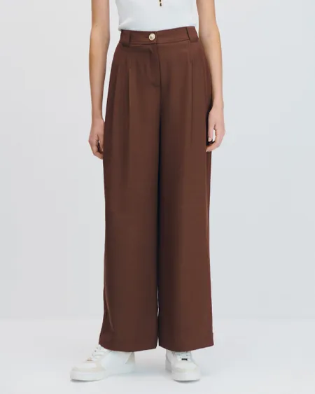 Pantalón Wide Leg Tiro Alto De Lino Café Teja Con Pinzas